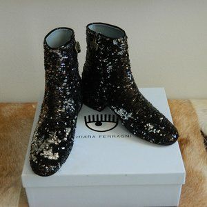 Chiara Ferragni Black Sequin Ankle Boots S38 NIB